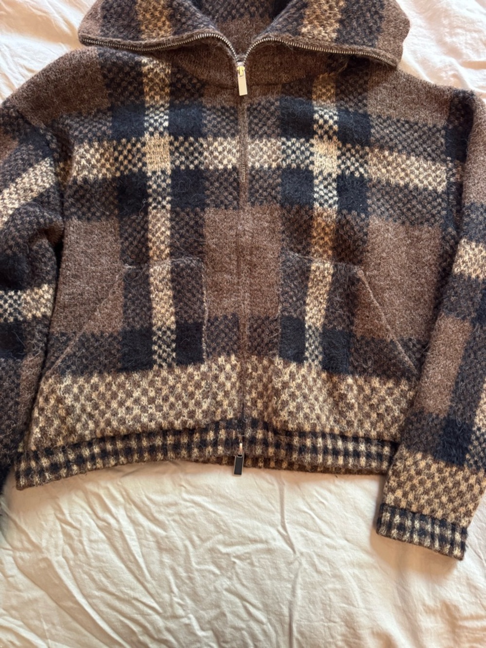 Zara Brown Plaid Knit Zip-Up jacket - Picture 2 of 7